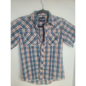 Wrangler‎ Boys Western Pearl Snap Shirt Short Sleeve Plaid Blue Orange large